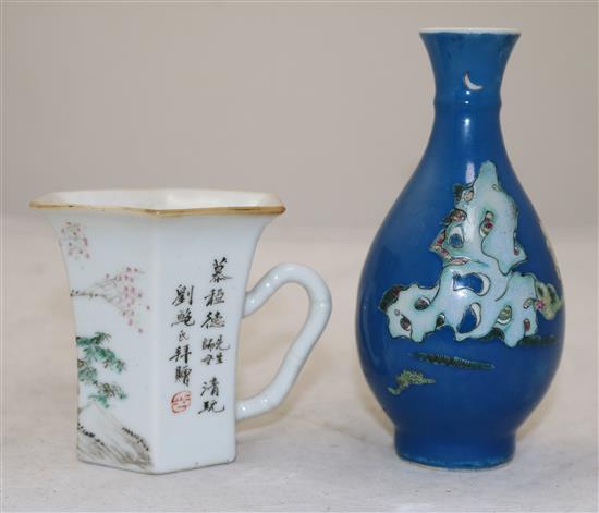 A Chinese blue ground famille rose bottle vase and a mug, c.1900-10, 18.5cm